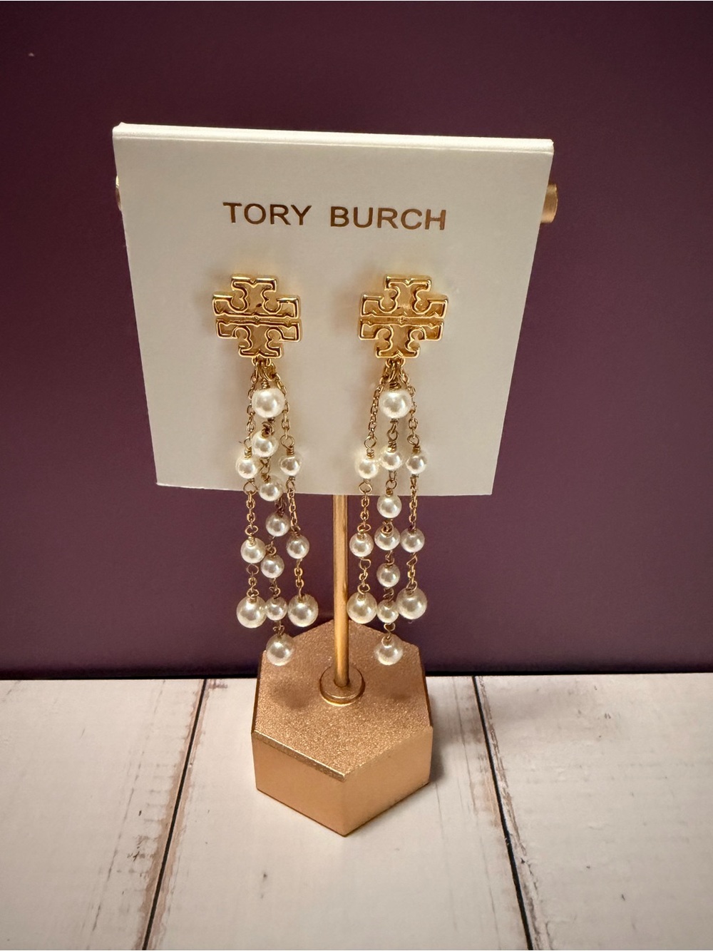 Tory Burch Pearl Chain Tassel Earrings Gold - New